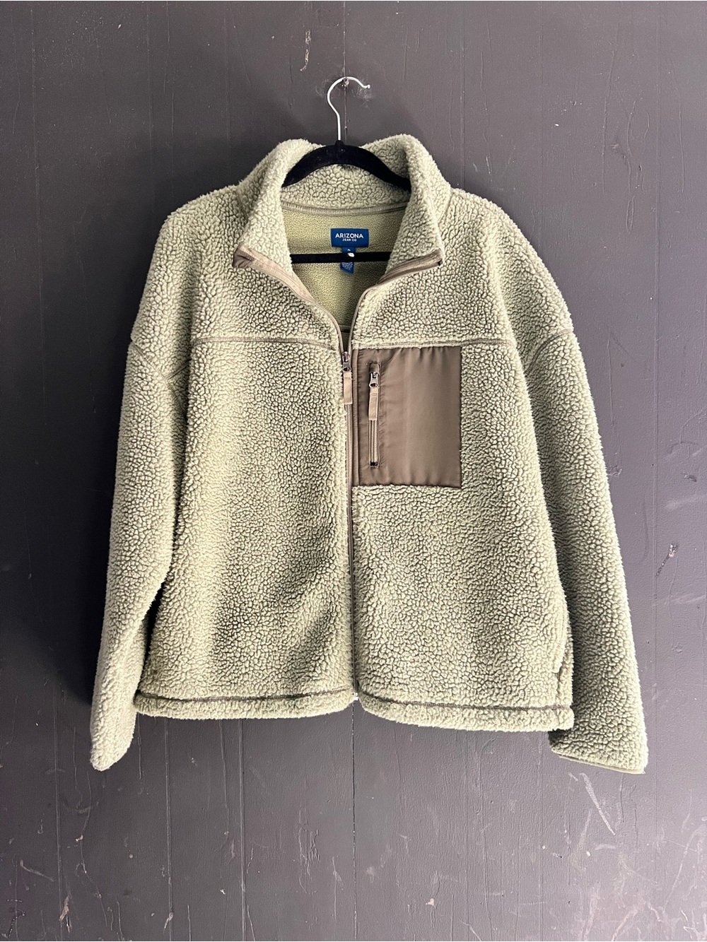 Arizona Jean Company sage green sherpa zip-up jacket with chest pocket